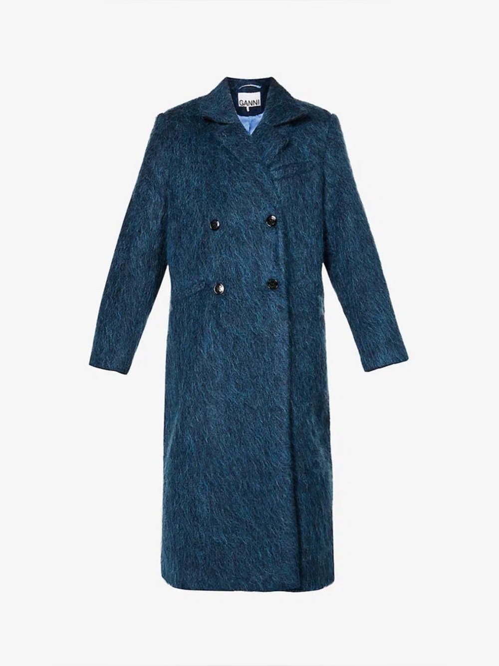 Ganni Teal-Blue Double-Breasted Long Trench Coat
